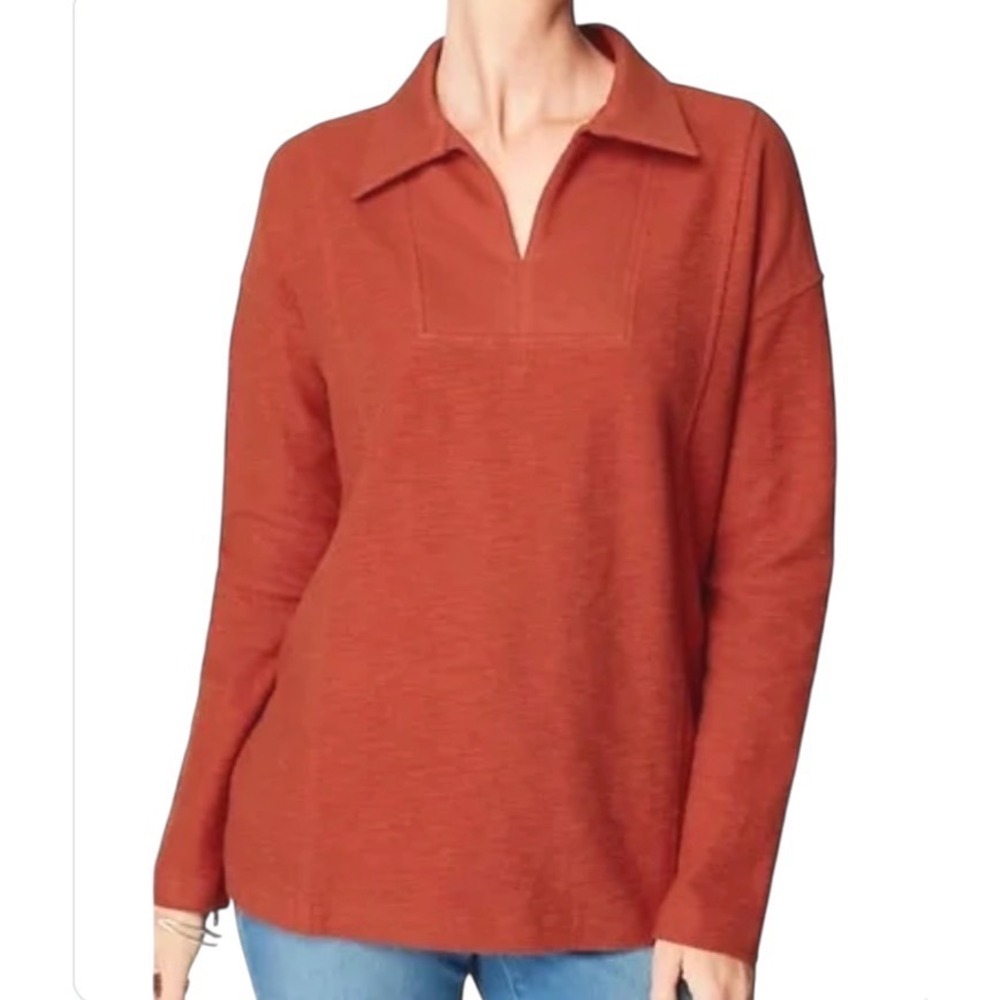 PURE J JILL Organic Cotton Knit Top POPOVER SHIRT w/COLLAR Rust Red/Orange XL